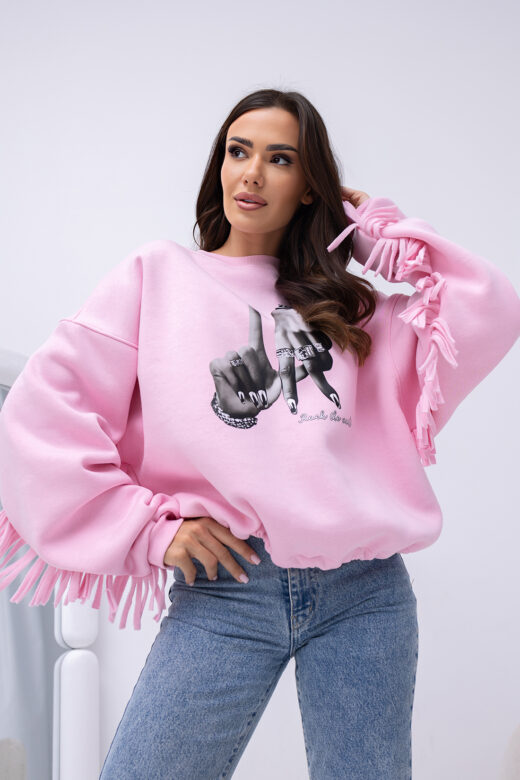 Bluza róż over frędzle ocieplana nadruk (Kopia)